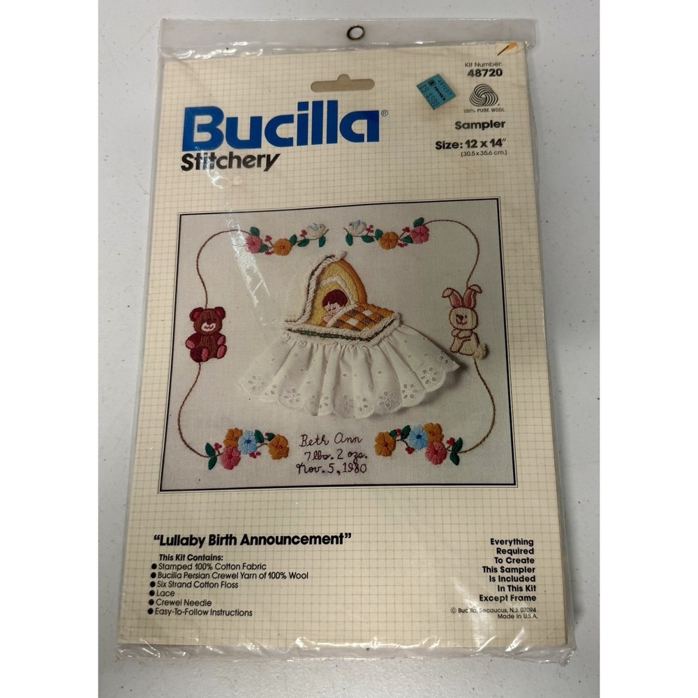 Vintage Bucilla Kit 48720 Lullaby Birth Announcement 16"x18" Sampler *BRAND NEW*